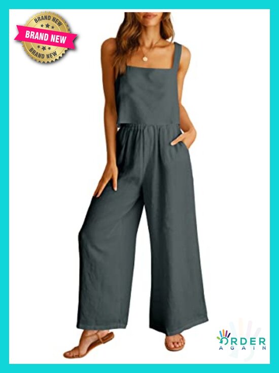 Pants - 2 Piece Linen Set Crop Tank Wide Leg Pants Lounge Wear